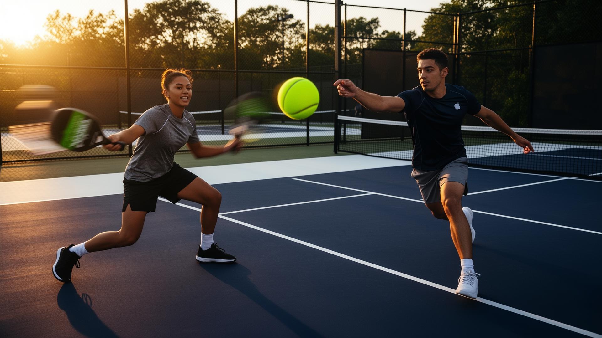 Two athletes playing pickleball at golden hour